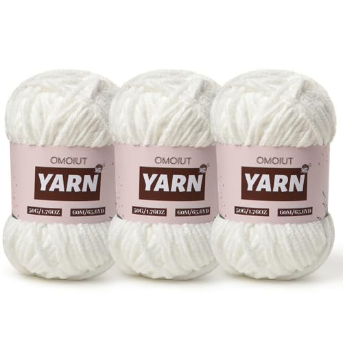 3 Packungen Plüsch Chenille Chunky Häkelgarn – Babygarn zum Häkeln weich – Samtgarn Stricken für Decken Handwerk – flauschiges Amigurumi-Garn 150 g (3 Schneeweiß) von OMoiut