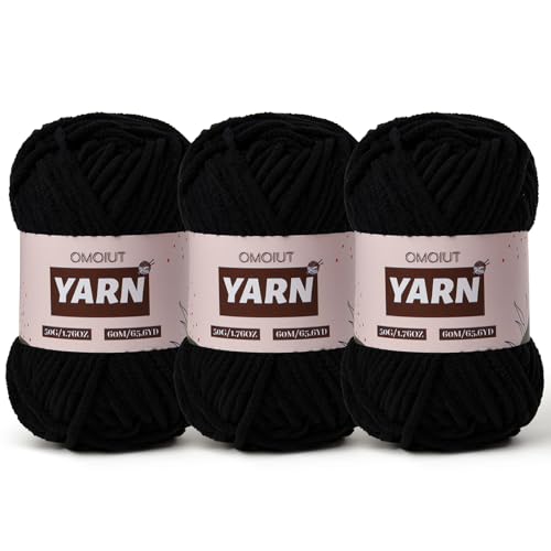 3 Packungen Plüsch Chenille Chunky Häkelgarn – Babygarn zum Häkeln weich – Samtgarn Stricken für Decken Handwerk – flauschiges Amigurumi-Garn 150 g (3 Schwarz) von OMoiut