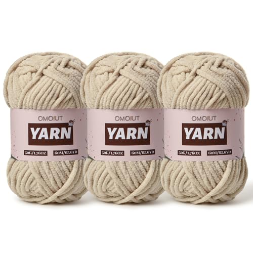 3 Packungen Plüsch Chenille Chunky Häkelgarn – Babygarn zum Häkeln weich – Samtgarn Stricken für Decken Handwerk – flauschiges Amigurumi-Garn 150 g (3 helle Khaki) von OMoiut