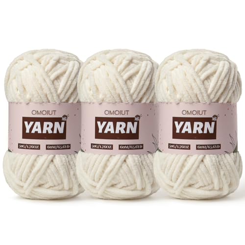 3 Packungen Plüsch Chenille Chunky Häkelgarn – Babygarn zum Häkeln weich – Samtgarn Stricken für Decken Handwerk – flauschiges Amigurumi-Garn 150 g (3 weiß) von OMoiut