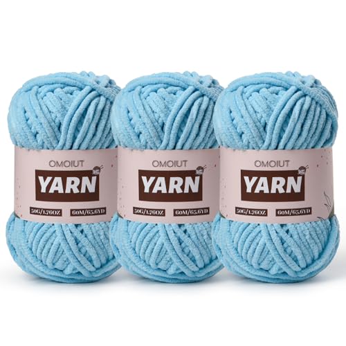 3 Packungen Plüsch-Chenille-Häkelgarn – Babygarn zum Häkeln weich – Samtgarn Stricken für Decken, Handwerk – flauschiges Amigurumi-Garn 150 g (3 Azur) von OMoiut