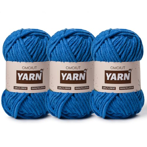 3 Packungen Plüsch-Chenille-Häkelgarn – Babygarn zum Häkeln weich – Samtgarn Stricken für Decken, Handwerk – flauschiges Amigurumi-Garn 150 g (3 Blau) von OMoiut