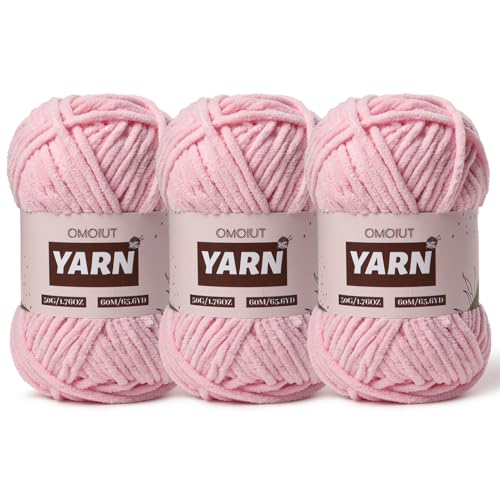 3 Packungen Plüsch-Chenille-Häkelgarn – Babygarn zum Häkeln weich – Samtgarn Stricken für Decken, Handwerk – flauschiges Amigurumi-Garn 150 g (3 Rosa) von OMoiut