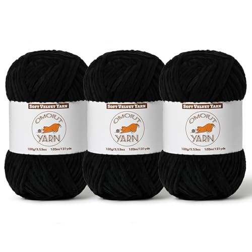 3 Stück schwarzes, flauschiges Samtgarn zum Häkeln, grobes Chenille-Babydeckengarn zum Häkeln, weiches flauschiges Puzzle-Garn zum Stricken, (je 100 g) sperriges, dickes Amigurumi-Häkelgarn von OMoiut