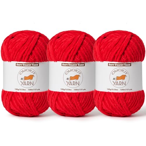 3er-Pack rotes flauschiges Samtgarn zum Häkeln, grobes Chenille-Babydeckengarn zum Häkeln, weiches flauschiges Puzzle-Garn zum Stricken, (je 100 g) sperriges, dickes Amigurumi-Häkelgarn von OMoiut