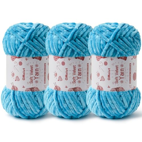 Flauschiges Samt-Chenille-Garn zum Häkeln und Stricken, 3 x 100 g, Babygarn zum Häkeln, weich, grobes Häkelgarn, Amigurumi-Garn (Seeblau) von OMoiut