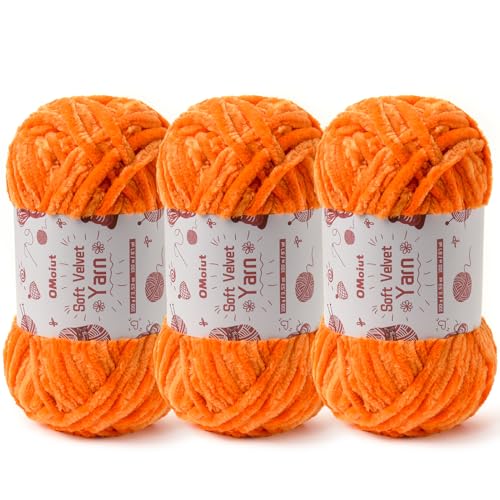 Flauschiges Samt-Chenille-Garn zum Häkeln und Stricken, 3 x 100 g, Babygarn zum Häkeln, weiches, grobes Häkelgarn, Amigurumi-Garn (Orange) von OMoiut