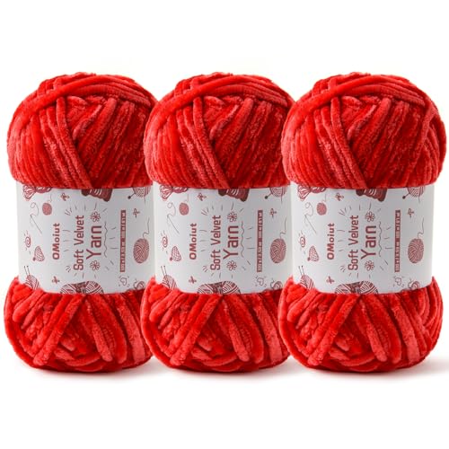 Flauschiges Samt-Chenille-Garn zum Häkeln und Stricken, 3 x 100 g Babygarn zum Häkeln, weich, grobes Häkelgarn, Amigurumi-Garn (rot) von OMoiut