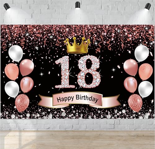 Rose Gold 18th Birthday Banner Dekorationen Happy 18th Birthday Decor für Mädchen, Großes Rosa Rose Gold Schwarz 18 Geburtstag Poster Fotografie Hintergrund 18 Jahre alt Geburtstag Party Supplies von ONANNA