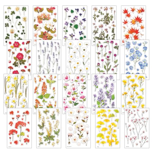 ONEBO 20 Blätter Selbstklebend Sticker,Blumen Aufkleber Set,PVC Flower Stickers,wasserfeste Aufkleber,Zum Verzieren von Tagebüchern, Karten(20 styles x 1 sheet) von ONEBO