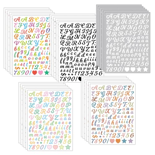 ONEBO 30 Blätter Nummern Alphabet Aufkleber,Selbstklebende Zahlen und Buchstaben Sticker,für Scrapbooking, DIY-Grußkarten, Dekoration, Markierung(5 Stile) von ONEBO