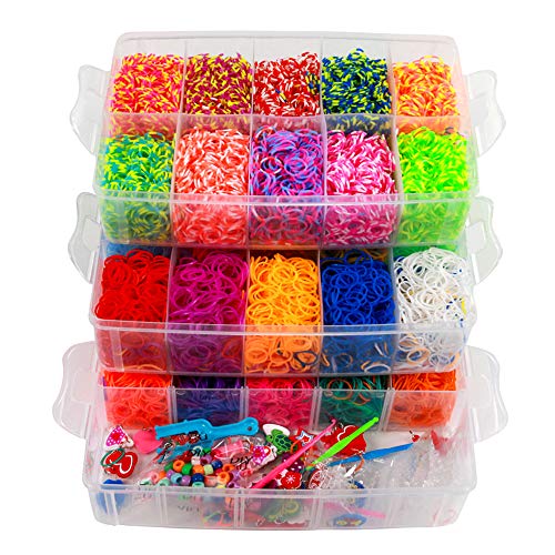 ONECK Armbänder Gummis Kit 15000+ Bastel Gummibänder Set Gummiarmbänder Set Kinder Loops Gummis Kit zum Basteln Loombänder Set mit 3 Schichten Lum Bänder Kasten mit Webrahmen, Clips, Charms, Perlen von ONECK