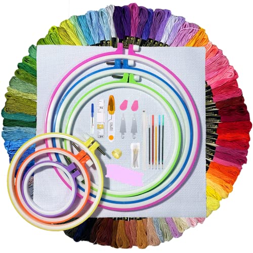 ONESHAW Stickset, 141-teilig, 100 Farben, 6 Stickrahmen, 2 Aida-Tuch, 9 Nähnadeln, Kreuzstich-Werkzeuge und Stickerei-Starter-Set für Erwachsene und Kinder, Anfänger von ONESHAW