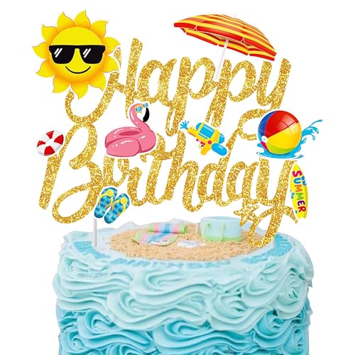 Sommer Happy Birthday Tortendeko, Pool Strand Cake Topper Glänzend Kuchen Deko Torten Topper Kuchendeko Geburtstag für Sommer-Surf Thema Partyzubehör (A) von ONRAGT
