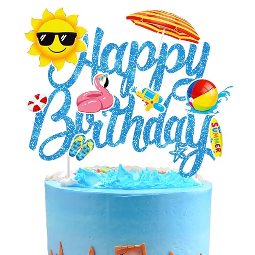 Sommer Happy Birthday Tortendeko, Pool Strand Cake Topper Glänzend Kuchen Deko Torten Topper Kuchendeko Geburtstag für Sommer-Surf Thema Partyzubehör (B) von ONRAGT