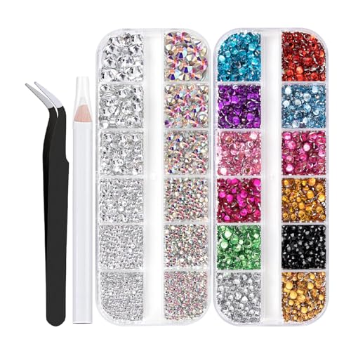 Nagelkunst-Strasssteine, flache Rückseite, Strasssteine mit Strass-Picker, Pinzette für Nägel, Kunst, Kleidung, Schuhe, Taschen, Dekoration, bunt, 4500 Stück von OONOYWOO