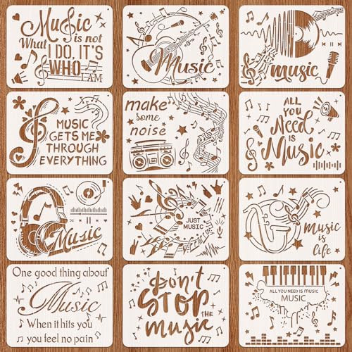 OOTSR 12 Stk Musikthema-Schablonen zum Basteln, 24,8x20cm Zeichnung Malschablonen DIY Schablonen der Retro-Musik, Kunststoff Zeichenvorlagen für Scrapbooking Holz Ornamenten Leinwand Deko von OOTSR