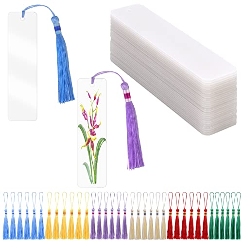 OOTSR 30 Stück Acryl Transparent Lesezeichen mit Loch und 30 Stück Farbigen Quasten, für DIY Lesezeichen Bastelprojekte, Geschenkanhänger und kleine Geschenke von OOTSR