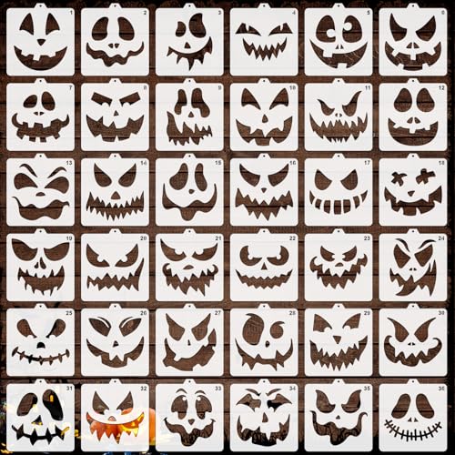 OOTSR 36 Stk Halloween-Kürbis-Schablonen zum Basteln, 14x15cm Zeichnung Malschablonen DIY Schablonen der Halloween, Kunststoff Zeichenvorlagen für Scrapbooking Holz Ornamenten Leinwand Deko von OOTSR