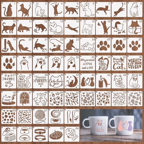 OOTSR 64 Stk Schablonen Set,10cm Zeichnung DIY Malschablonen Schablonen Kinder Katze Scrapbooking Wiederverwendbar Kunststoff Zeichen schablonen Basteln Holz Deko von OOTSR