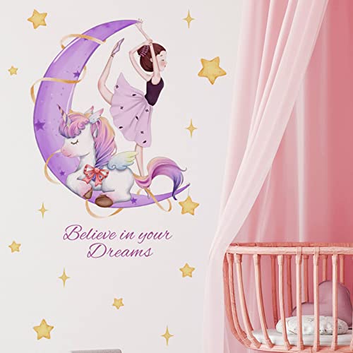 OOTSR Einhörner Mädchen Wandaufkleber, lila Mond Stern Wandabziehbild, inspirierende Zitate Wanddekoration, DIY abnehmbare Vinyl Wandkunst für Mädchen Baby Kinderzimmer Schlafzimmer Spielzimmer von OOTSR