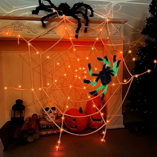 OPAHUTER 3.6M Halloween Spinnennetz Lichter mit 2 Riesenspinne, 8 Modi Spinnennetz Lichter, Halloween Spider Web Lights, Spider Webs Decoration, Riesiges Spinnennetzlicht für Halloween Partys Dekor von OPAHUTER