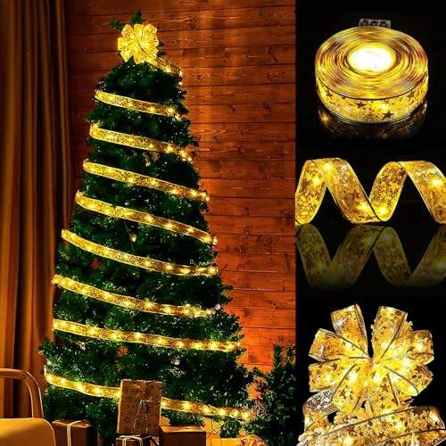 OPAHUTER 10M/ 33Ft Weihnachtsband Lichter, 100 LED Glänzende Band Lichterkette, Batteriebetrieben Weihnachts Lichterkette, Band Schleifen Lichter für Weihnachtsbaum Hochzeit Party Deko von OPAHUTER