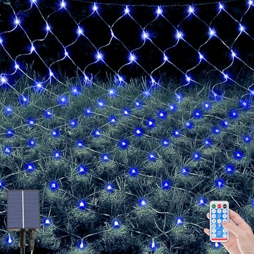 OPAHUTER 96 LEDs Solar Lichternetz Außen, 1,5 x 1,5 M Wasserdichte Lichterkette Netz, Fernbedienung Lichterketten Vorhang mit 8 Modi, Solar Lichternetz für Weihnachten Hochzeit Fenster Büsche von OPAHUTER