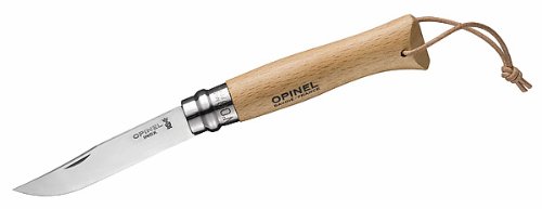 Opinel-Messer Nr. 8, rostfreier Sandvik-Stahl 12C27, natur Buchenholzgriff, Lederriemen, Virobloc-System von OPINEL