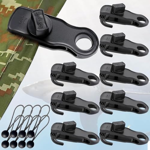 Tarp Clips 8 Stück Planenspanner mit Haken und 8 Stück Spanngummis mit Kugel, Haiförmige Planenclips Strapazierfähigen Set für Plane Zeltplane Tarp Camping Wohnmobil Zubehör Banner Spanner Vordächer von OPPKEPT