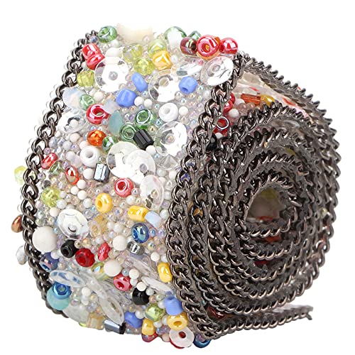 OPPWONG Kristall-Strass-Band, Strass-Band, Kristall-Strass-Kettenbesatz, 2,5 Cm, DIY-Diamant-Netz, Wickelrolle, Band-Dekoration (Bunte Reisperlen, schwarze Kette) von OPPWONG