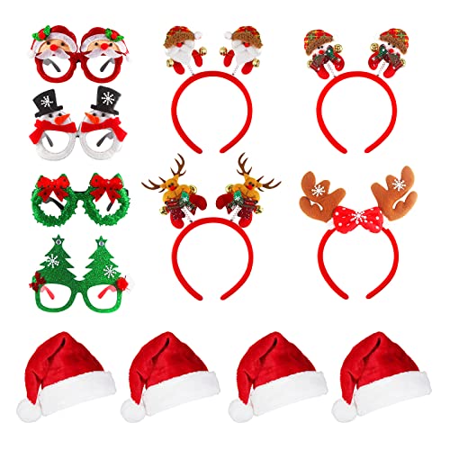 OPUHOHR 12PCS Weihnachten Brille Stirnband und Weihnachtsmützen Set, Weihnachtsfeier Brillengestelle, Haarschmuck Weihnachten Geeignet für Erwachsene und Kinder Weihnachtsfeier, Maskerade, Karneval von OPUHOHR