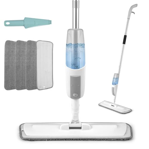 Wischer mit Sprühfunktion, 400ML Hohe Kapazität Bodenwischer, 120cm Wischmopp Set mit 4 Wischmopp Bezug, Spray Mop für Mehrere Arten von Böden, Weiß von OPULENTHOME