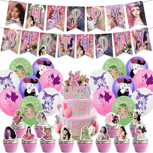 30Pcs Party Supplies,Sängerin Thema Geburtstag Party Dekoration Zubehör Mela-Nie Perlenballons Banner Kuchen Dekorationen Cupcake Toppers Für Kinder Musik Fans,Mela-Nie Elf Birthday Party Decoration von OPVXZAD