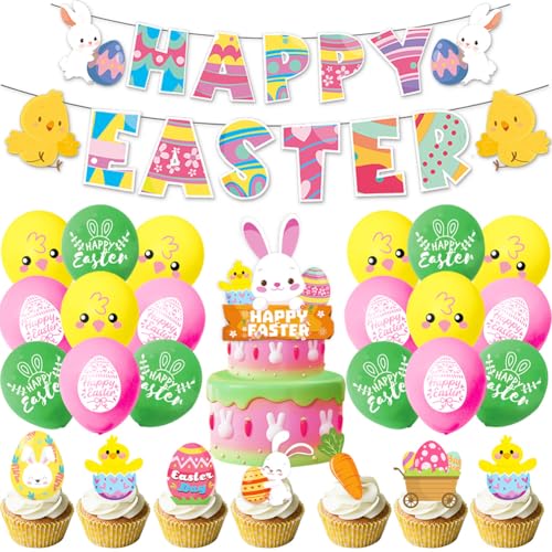 44Pcs Ostern Kaninchen Luftballons Deko Ostern Kaninchen Party Supplies Ostern Topper Happy Birthday Banner Deko Geburtstag Decorations Kindergeburtstag Deko Supplies Cupcake Topper von OPVXZAD