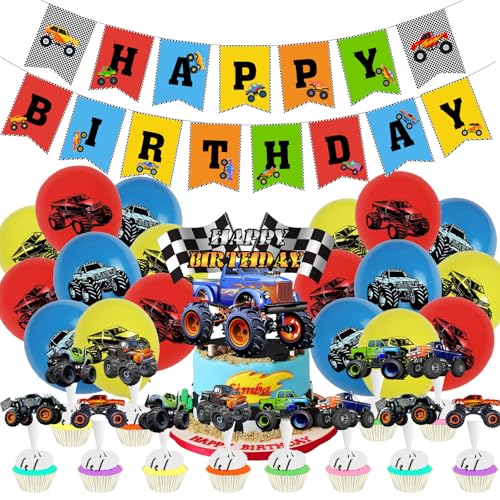 Lastwagen Geburtstagsdeko Truck,Monstertruck-Ballon-Set Lkw Luftballons Monster Kindergeburtstag Monster Lkw Truck Geburtstag Dekoration Set Geburtstagsfeier Dekoration Flagge Kuchen Topper Ballon Set von OPVXZAD