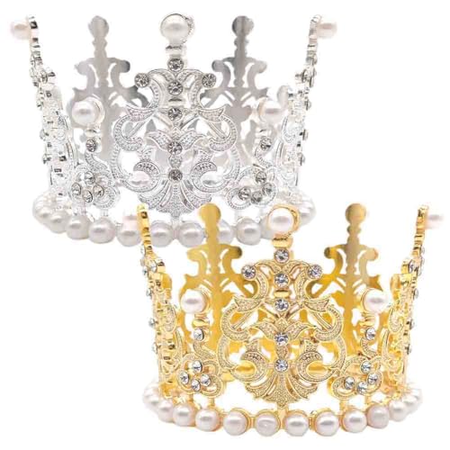 OPVXZAD 2 Stücke Silber&Gold Kuchen Top Perle Prinzessin Krone Dekoration Kleine Krönchen Tortenaufsatz Mini Tiara Perle Krone für KinderGeburtstag Party Thema Geburtstagsfeier Jubiläum von OPVXZAD