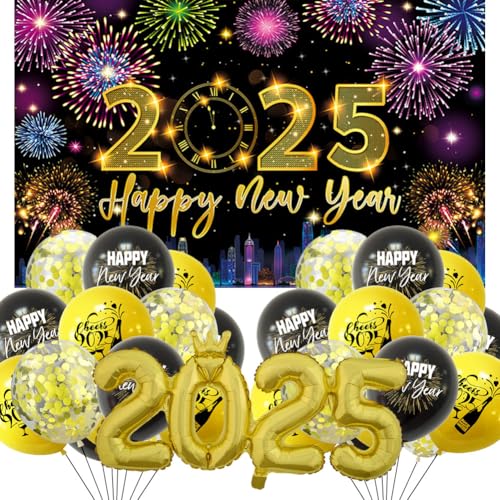 OPVXZAD 2025 Neujahr Party Dekoration Enthält Frohes Neues Jahr Banner 2025 Gold Aluminium-Folienballons Bedruckte Pailletten Luftballons 2025 Silvesterparty Dekoration von OPVXZAD