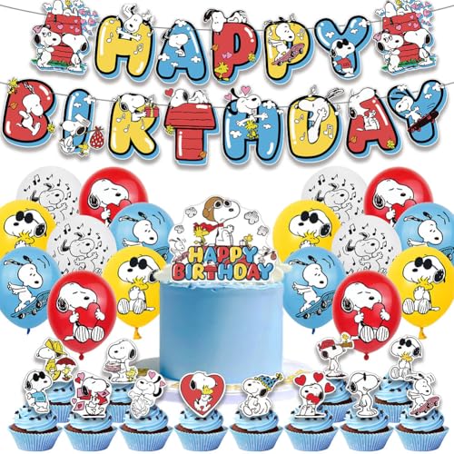 OPVXZAD 30 Stück Cartoon Birthday Party Decorations,Sn-opy Party Balloon Decorations,Sno-opy-Party Deko,Birthday Banner Sn-opy Latex Balloons Cupcake Toppers for Birthday Party Supplies Kids von OPVXZAD