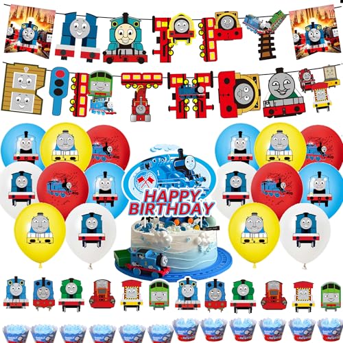 OPVXZAD 30 Stück Zug Luftballons Zug Happy Birthday Banner Tho-mas Geburtstag Party Deko Kindergeburtstag Deko Zug Thema Kuchen Cupcake Topper Tho-ma Lokomotive Tortendeko für Kinder Themenparty von OPVXZAD