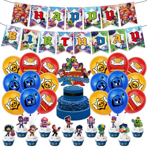 OPVXZAD 32 Stück Cartoon-Charaktere Partydekoration Set Enthält Stars Happy Birthday Banner Stars Kuchen Toppers Stars Latex Luftballons Für Kindergeburtstage Stars Themen Party Deko von OPVXZAD