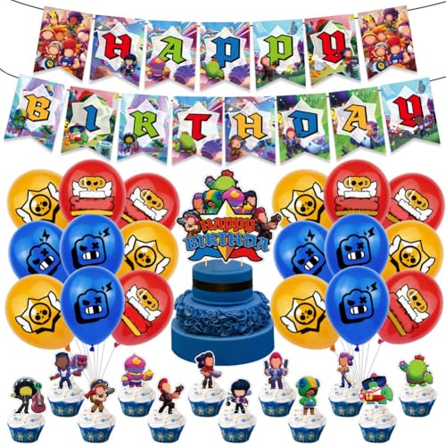 OPVXZAD 32 Stück Cartoon-Charaktere Partydekoration Set Enthält Stars Happy Birthday Banner Stars Kuchen Toppers Stars Latex Luftballons Für Kindergeburtstage Stars Themen Party Deko von OPVXZAD