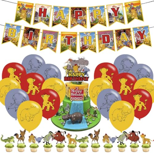 OPVXZAD 32 Stück Löwenkönig Partydekoration Set Enthält Koenig der Loewen Happy Birthday Banner Lion Kuchen Toppers Lion Latex Luftballons Für Kindergeburtstage Löwenkönig Themen Party Deko von OPVXZAD