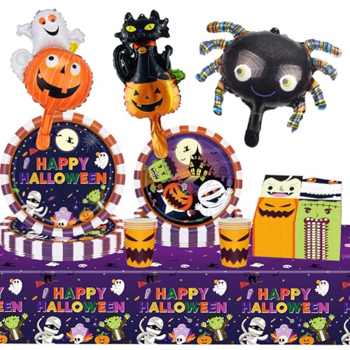 OPVXZAD 54PCS Happy Halloween Party Geschirr Set Kürbis-Geist Set Partygeschirr Halloween Party Zubehör Dekoration mit Tischdecke Teller Seidenpapier Ballon für 10 Gäste von OPVXZAD