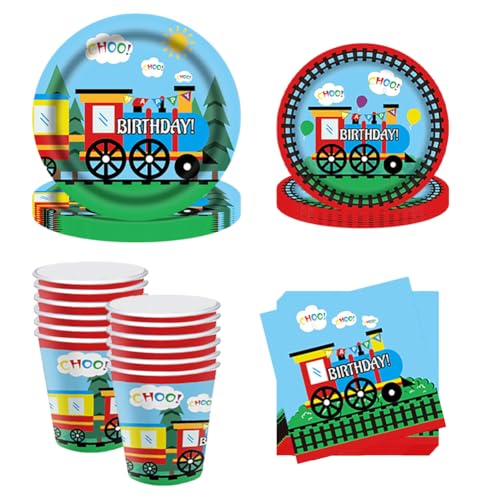 OPVXZAD 64 Stück Zug Party Geschirr Set Blau Zug Partygeschirr Train Thema Party Supplies Teller Einschlie ßlich Becher Servietten Für Train Kindergeburtstag Deko für 16 Gäste von OPVXZAD