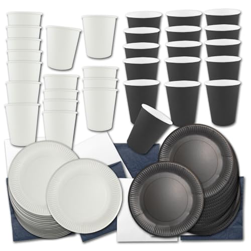 Partygeschirr Set schwarz weiß BASIC - umweltschonendes Einweg Partygeschirr mit Papptellern, Pappbechern, Papierservietten (schwarz-weiß, Partygeschirr Set für 32 Personen) von ORDENO