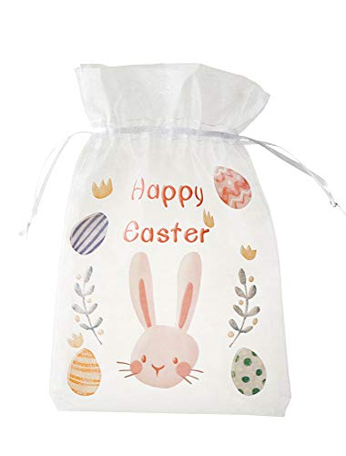 ORGANZABEUTEL24 | 5 Organzasäckchen mit Hase und Ostermotiven mit Satinband zum Zuziehen,Happy Easter, Organzabeutel, Geschenkverpackung, Ostern (23x15 cm) von ORGANZABEUTEL24