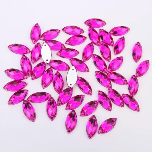 5 x 10 mm/7 x 15 mm/9 x 20 mm, Nähen, Acryl-Strassstein, Pferdeauge, flache Rückseite, transparente Kristallperlen für DIY-Kleidung, Magenta, 9 x 20 mm, 50 Stück von ORGEFY