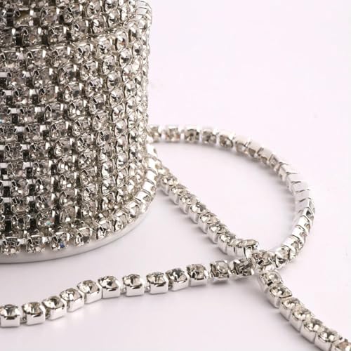 SS6-SS16 Aufnäher-Metall-Strass-Cup-Kette, glitzernd, 1-reihig, Glaskristall-AB-Strasssteine zum Aufnähen von Kleidern, Kristallsilber, SS16 (3,8–4 mm), 9,1 m von ORGEFY