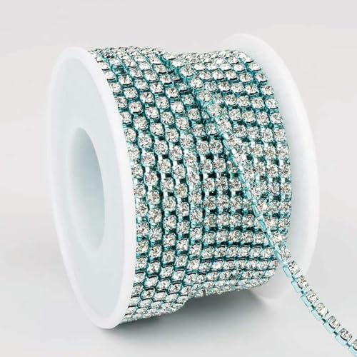 SS6-SS16 Aufnäher-Metall-Strassketten-Kette mit Glitzer, 1 Reihe, Glaskristall-AB-Strasssteine zum Aufnähen von Kleidern, Kristall-Aquamarin, SS16 (3,8–4 mm), 9,1 m von ORGEFY